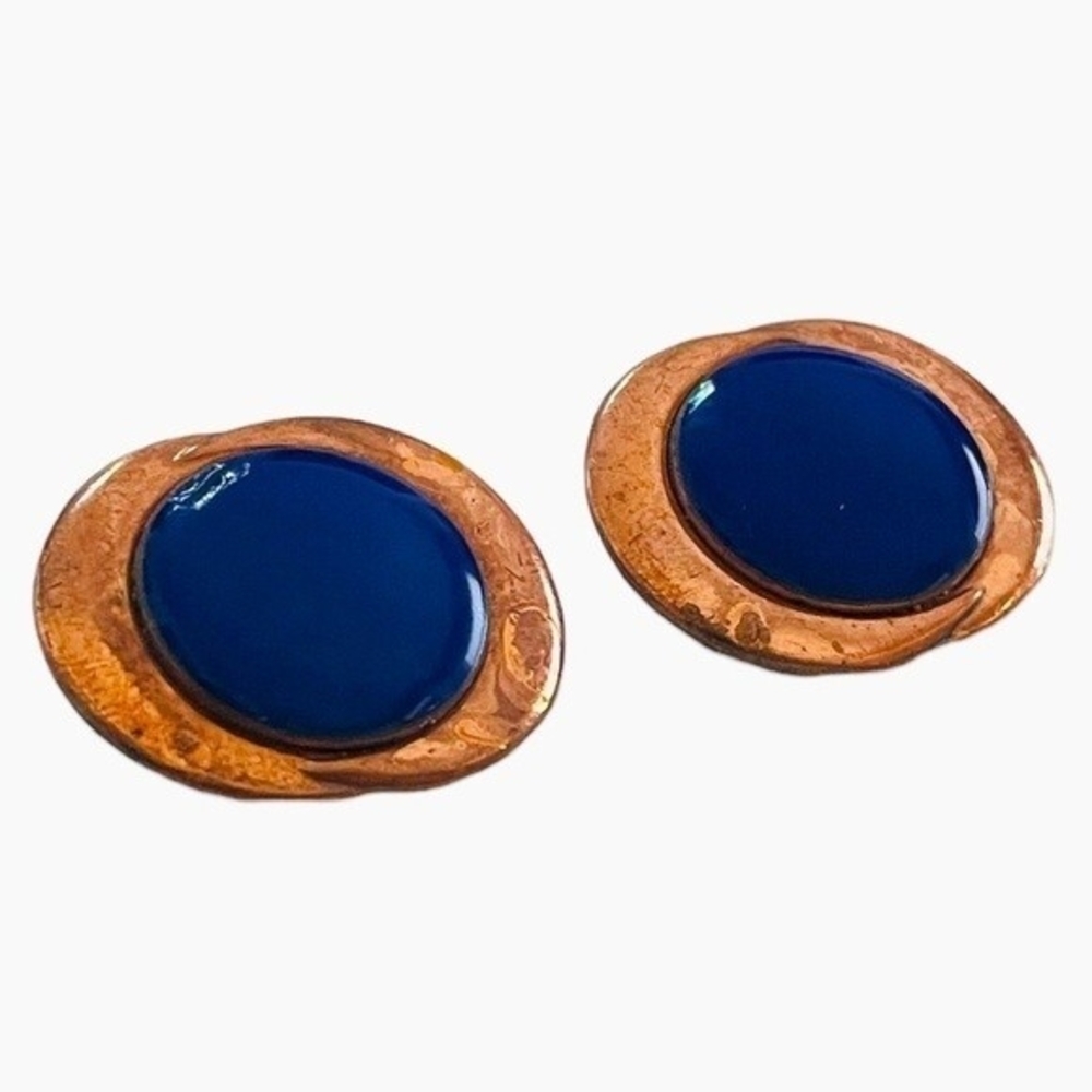 Antique Copper Blue Glass Button Clip On Earrings 1.25" Signed Genuine Copper - Picture 6 of 8